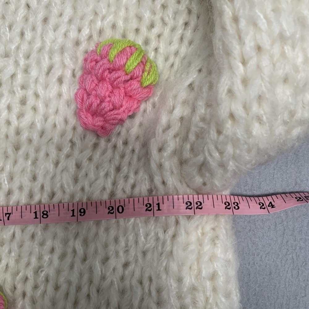 European Hand Knit Cardigan 3D Strawberry Balloon Sleeves Open Front Cream Sz M - Picture 5 of 10